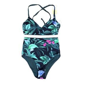 Set Bikini Floral Green Reversible Sz S New